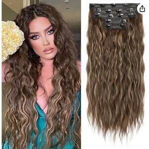 New 5 Piece Clip In Synthetic Hair Extension 24" Chocolate Brown Blond Highlight